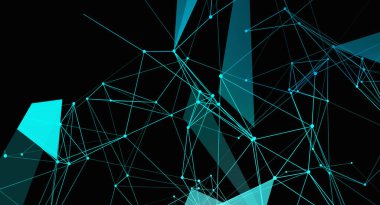 Siyah bir zemin üzerinde düğümleri ve geometrik şekilleri birbirine bağlayan dijital çizgi ağını içeren soyut bir resim. Bu modern tasarım veri, teknoloji ve bağlantı kavramlarını çağrıştırıyor..