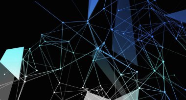 Soyut bir dijital ağ, açık mavi çizgiler ve siyah arkaplan üzerindeki noktalar tarafından oluşturulur. Açık mavi şekiller genel tasarıma derinlik ve görsel karmaşıklık ekler. Bu modern ve fütüristik bir his yaratır..