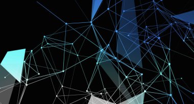 Bağlı çizgi ve noktalarla soyut ağ arkaplanı. Tasarım, modern ve fütüristik bir his yaratan, siyah bir arkaplan üzerinde mavi bir gradyan kaplamasına sahiptir. Teknoloji, bilim ve dijital sanat projeleri için mükemmel..