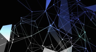 Siyah bir zemin üzerinde birbirine bağlı çizgilerden oluşan geometrik bir ağ ve noktalardan oluşan soyut bir resim modern ve geleceksel bir tasarım yaratıyor. Bu karmaşık yapının teknolojik ve dijital bir havası var..