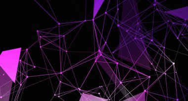 Birbirine bağlı mor çizgiler ve noktalar ile dijital soyut bir arkaplan siyah bir arkaplan üzerinde ağ deseni oluşturur. Geometrik tasarım fütüristik ve modern..