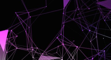 Bu birbirine bağlı bir ağın soyut bir görüntüsü. Mor çizgiler ve düğümler siyah arkaplan karşısında karmaşık bir geometrik model oluşturur. Teknoloji, bağlantı ve dijital iletişim kavramlarını çağrıştırıyor..