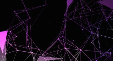 Siyah bir zemin üzerinde mor çizgileri ve noktaları birleştiren, veri, teknoloji ve iletişimi temsil eden soyut bir dijital ağ tasarımı. Geometrik yapının modern, fütürist bir havası var..