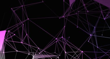 Bu resim, siyah bir zemin üzerinde mor çizgilerden oluşan soyut bir geometrik ağı ve noktaları içerir. Tasarım modern ve minimalistiktir, arkaplan veya grafik ögesi olarak kullanmak için idealdir.