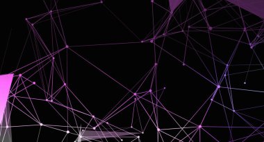 Ağ yapısına sahip soyut dijital bir arkaplan. Görüntü koyu bir zemin üzerinde birbirine bağlı açık pembe çizgiler ve düğümler içerir, karmaşık ağ benzeri bir desen ile modern ve geleceksel bir tasarım yaratır. Geometrik şekiller,
