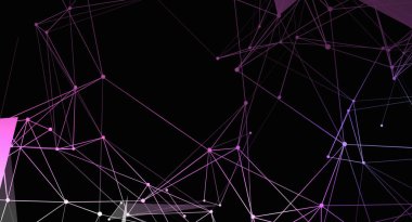 Bu soyut görüntü, siyah arkaplan üzerinde plekse benzer bir yapı oluşturarak noktaları birleştiren pembe ve beyaz çizgilerden oluşan bir ağ oluşturuyor. Tasarım teknolojiyi ya da dijital bağlantıları gösteriyor ve modern bir geometrik desen..