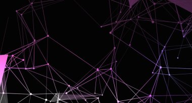 Pembe ve beyaz çizgilerden oluşan bir ağ siyah arkaplanda birbirine bağlı bir ağ oluşturur. Bu soyut tasarım teknoloji, iletişim ve geleceksel kavramları öneriyor..