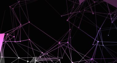 Bu soyut resim siyah arkaplandaki noktaları birleştiren pembe ve beyaz çizgilerden oluşan bir ağı gösteriyor. Teknoloji veya veriyle ilgili temalar için uygun modern, dijital bir tasarım konseptidir..