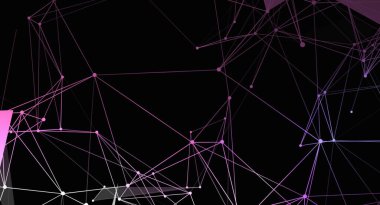 Noktaları birleştiren gradyan pembe ve beyaz çizgilerden oluşan soyut bir dijital ağ tasarımı, teknoloji ve iletişimin göstergesi olan koyu siyah bir arkaplan üzerine kurulmuştur..
