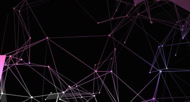 Bu, koyu arkaplan üzerinde mor çizgiler ve düğümlerden oluşan bir ağın yer aldığı soyut bir resim. Tasarım geometrik ve bir teknoloji ve bağlantı hissi taşır..