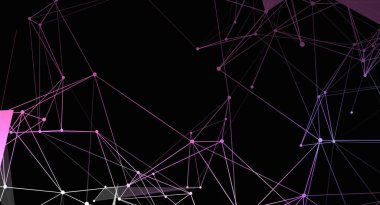 Pembe ve beyaz çizgiler ve noktalardan oluşan bir ağ içeren soyut bir tasarım. Bu geometrik desen, grafik tasarım projeleri için uygun modern teknoloji ve dijital bağlantıyı çağrıştırıyor..