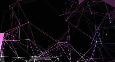 Bu soyut resim siyah arkaplan üzerinde noktaları birleştiren pembe ve beyaz çizgilerden oluşan bir ağ içerir. Geometrik yapı, bağlantı ve veri iletişimine işaret ederek modern ve geleceksel bir his veriyor..