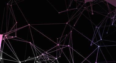 Bu resim birbirine bağlı çizgiler ve noktalardan oluşan soyut bir ağı gösterir. Çizgiler ve noktalar pembeden beyaza doğru eğimli. Arkaplan simsiyah, katıksız bir karşıtlık oluşturuyor.