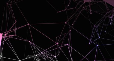 Birbirine bağlı pembe çizgileri ve noktaları karanlık bir arkaplanda gösteren bir ağ tasarımı, fütüristik ve soyut bir teknolojik kavram yaratıyor. Tasarım, bağlantı ve karmaşıklığı vurgular..