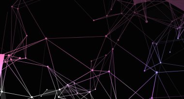 Birbirine bağlı çizgiler ve noktalardan oluşan bir ağın soyut görüntüsü. Çizgiler açık pembeden mor gradyana ve arka plan koyu renk. Websi gibi birçok farklı amaç için kullanılabilecek teknolojik bir tasarım gibi görünüyor.