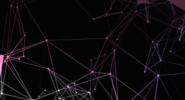 Bu resim birbirine bağlı çizgiler ve noktalarla soyut bir ağ bağlantısı içerir. Renk şeması siyah bir arkaplan karşısında pembe ve mor tonları içerir, görsel olarak çarpıcı ve modern bir tasarım yaratır.
