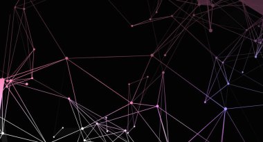 Bu soyut resim, koyu bir arkaplan üzerinde bağlantılı çizgiler ve noktalardan oluşan bir ağ oluşturur. Çizgiler ve noktalar, pembe, mor ve beyaz tonlarında parlayan geometrik desenler oluşturur. Çağdaş teknoloji ve veri dolandırıcılığını çağrıştırıyor.
