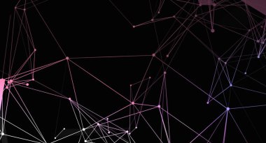 Noktalar ve çizgilerden oluşan bir ağı gösteren soyut bir çizim, geometrik desen oluşturuyor. Arkaplan koyu renkli ve çizgilerde pembe, mor ve beyaz renkler var..
