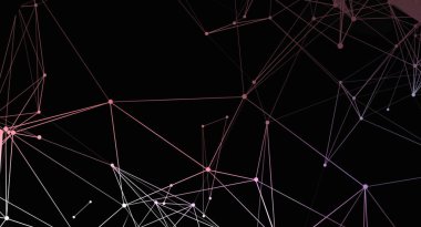 Siyah bir arkaplanda birbirine bağlı çizgi ve noktalardan oluşan bir ağ içeren minimalist soyut bir grafik. Çizgiler ve noktalar pembeden beyaza doğru eğiliyor ve modern, teknolojik bir his yaratıyor. Bu tasarım arka plan olarak kullanmak için uygundur
