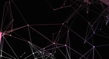Bu soyut resim, birbirine bağlı pembe çizgilerden oluşan bir ağı ve siyah arkaplan üzerindeki noktaları gösterir. Bu örüntü, veri, teknoloji veya bilimsel kavramları temsil eden karmaşık bir bağlantı sistemi olduğunu gösteriyor..