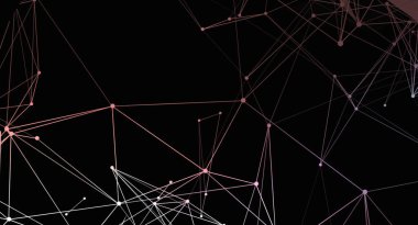 Soyut bir dijital ağ arkaplanı, teknoloji, veri ve iletişim kavramlarını çağrıştıran, koyu, neredeyse siyah bir zemin üzerinde pembe ve beyaz tonlarında birbirine bağlı çizgiler ve noktalardan oluşan bir ağ içerir..