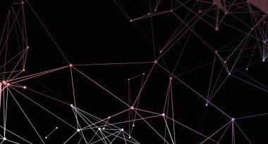 Bu soyut resim, siyah bir arkaplanda daireleri birbirine bağlayan soluk pembe çizgilerden oluşan bir ağı gösterir. Tasarım, bir dijital bağlantı ağına benzeyen geometrik ve fütüristik. Teknoloji ve modern tasarım projeleri için uygun.
