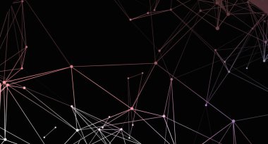 Bağlı nokta ve çizgilerden oluşan soyut bir ağ siyah bir arkaplanda görüntülenir. Çizgiler ve noktalar pembemsi bir eğime sahip. Yapı fütüristik ve dijital bir his veriyor. Bu resim arkaplan ve grafik tasarım projeleri için uygundur.