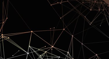 Bu soyut resim, tel biçiminde çizgiler ve düğümlerden oluşan bir ağ bağlantısını gösterir. Çizgiler açık altın renginde ve arka plan koyu. Tasarım teknolojiyi, interneti, iletişimi ve karmaşık sistemleri çağrıştırıyor..