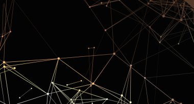 Birbirine bağlı çizgiler ve noktalar içeren ve karanlık bir arkaplan karşısında karmaşık bir ağ oluşturan minimalist bir soyut tasarım. Tasarım teknolojiyi, dijital ağları ve modern iletişim sistemlerini çağrıştırıyor..