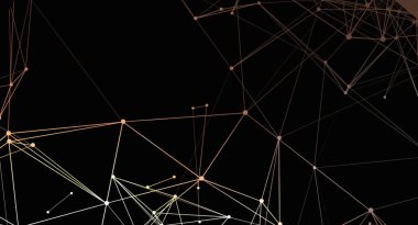Kesişen çizgiler ve düğümlerle siyah bir arkaplanda değişen sıcak renklerde bir ağın soyut tasviri. Görüntü bir bağlantı, teknoloji ve dijital iletişimi çağrıştırıyor..