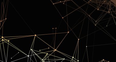 Karanlık bir arkaplanda birbirine bağlı çizgiler ve noktalardan oluşan soyut bir ağ. Tasarım, arka plan veya görsel element olarak kullanılmak üzere modern teknoloji ve karmaşık sistemleri çağrıştırıyor..