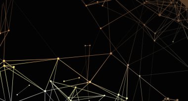 Karanlık arkaplanda çizgileri ve düğümleri olan soyut geometrik ağ. Ağ, karmaşık ağ benzeri bir desen oluşturan çizgiler ve noktalardan oluşur. Renk paleti siyah arkaplan üzerinde altın ve beyaz içerir.