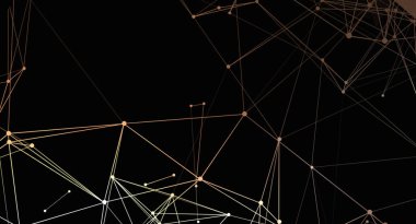 Karanlık bir arkaplanda birbirine bağlı çizgiler ve noktalardan oluşan bir ağ içeren soyut bir resim. Tasarım, bir teknoloji, bağlantı ve dijital alan hissi uyandırıyor. Bu tasvir modern ve fütüristik bir his yaratır..