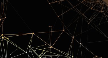 Derin, siyah bir zemin üzerinde birbirine bağlı noktalar ve çizgilerden oluşan soyut bir altın ağ. Bu tasarım, teknolojik bağlantı ve modern karmaşıklığı çağrıştırıyor. Çizgilerin ve noktaların düzenlenmesi dinamik geometrik bir yapı oluşturur.