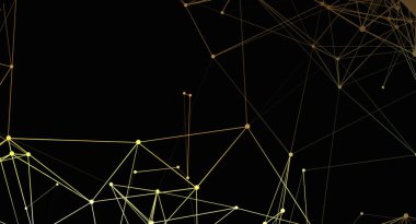 Siyah bir zemin üzerinde altın çizgiler ve noktalardan oluşan bir ağı gösteren görsel olarak çarpıcı soyut bir görüntü. Tasarım çeşitli dijital uygulamalar için uygun bir bağlantı, teknoloji ve modern geometrik karmaşıklık hissi taşır..