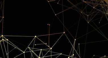 Ağı, veri bağlantısını ve teknolojiyi temsil eden karanlık bir arkaplana bağlı soyut altın çizgiler ve noktalar. Bu resim arkaplan ve grafik tasarımları için uygundur.