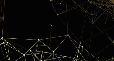 Siyah bir zemin üzerinde altın çizgiler ve noktalardan oluşan bir ağ içeren soyut tasarım modern, fütürist ve teknolojik bir görünüm yaratıyor. Grafik tasarımı, dijital arkaplanlar ve kavramsal çizimler için ideal.