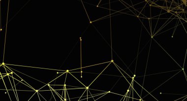 Geometrik ağ tasarımı ile soyut arkaplan. Görüntü bir dizi birbirine bağlı altın çizgiler ve siyah bir arkaplan üzerinde noktalar içeriyor, modern, teknolojik bir his yaratıyor..