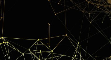 Birbirine bağlı altın çizgiler ve noktalardan oluşan soyut dijital arkaplan tasarımı. Tasarım, siyah bir arkaplan üzerinde geometrik desen oluşturmak için ağ benzeri bir yapı kullanır. Bu görsel olarak çarpıcı görüntü teknoloji ilişkisi için uygundur