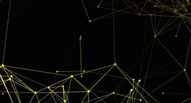 Bu resim, siyah arkaplandaki altın çizgiler ve noktalardan oluşan soyut bir ağı temsil ediyor. Tasarım bağlantılar ve veri akışı öneriyor, teknoloji ve gelecek kavramları için ideal. Geometrik desen modern bir his veriyor..