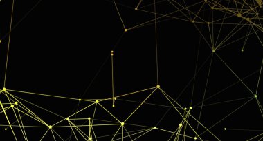 Soyut bir resim, koyu bir arkaplanda birbirine bağlı altın çizgiler ve noktalardan oluşan bir ağı gösterir. Bu görüntü teknoloji ve bilim projeleri için uygundur..