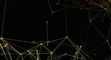 Altın çizgiler ve noktaların yer aldığı soyut bir illüstrasyon, koyu siyah bir zemin üzerine kurulmuş karmaşık bir ağ oluşturuyor. Tasarım, bağlantı, teknoloji ve gelecekle ilgili iletişimi çağrıştırıyor..