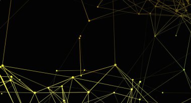 Altın çizgiler ve noktalardan oluşan bir ağ, teknoloji ve dijital temalar için uygun, karanlık bir arkaplan karşısında soyut ve birbirine bağlı bir yapı oluşturur.