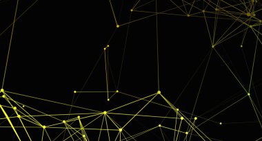 Bu resim, sarı çizgilerden oluşan soyut bir ağı ve koyu bir arkaplanı işaret ediyor. Birbirine bağlı çizgiler, dijital iletişim ve teknolojik yapıyı çağrıştıran geometrik bir model oluşturuyor. Modern bir tasarım.