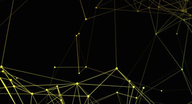Soyut bir illüstrasyon, koyu bir zemin üzerinde altın çizgiler ve düğümlerden oluşan bir ağ içerir. Birbirine bağlı çizgiler, dijital bağlantıları ve modern teknolojiyi çağrıştıran karmaşık bir ağ benzeri şablon oluşturuyor. Bu grafik arka plan için idealdir 