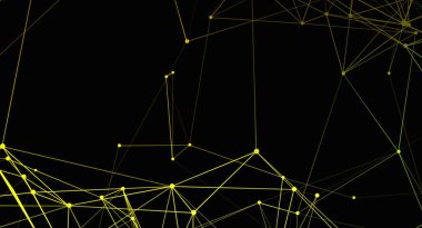 Altın çizgiler ve noktalar ağıyla soyut bir arkaplan. Ağ siyah bir arkaplan üzerine kurulmuştur. Altın çizgiler geometrik desenler yaratarak bağlantı ve teknoloji hissini aktarıyor. Grafik tasarımı için ideal.