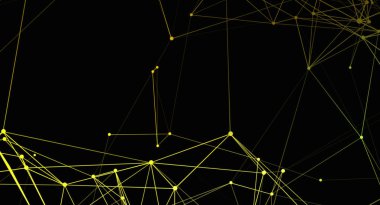 Sarı çizgileri ve noktaları birleştirerek ağ benzeri bir yapı oluşturan modern bir soyut tasarım. Çizgiler keskindir ve noktalar koyu siyah arkaplan üzerinde odak noktaları oluşturur. Tasarım teknolojik ve fütüristik görünüyor..