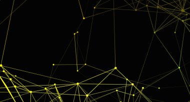 Sarı çizgileri ve düğümleri olan geometrik soyut bir ağ arkaplanı, siyah bir arkaplan karşısında teknolojik veya bilimsel bir yapı oluşturur.