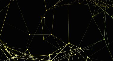 Sarı çizgiler ve düğümlerden oluşan bir ağın soyut görüntüsü, siyah arkaplana karşı bağlı bir yapı oluşturuyor. Bu dijital bağlantı, teknoloji veya veri akışını temsil etmek için kullanılabilir.