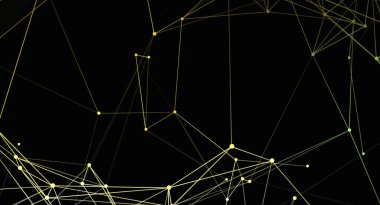 Bu resim, çeşitli uygulamalar için uygun geometrik ve fütüristik bir tasarım oluşturarak, birbirine bağlı sarı çizgiler ve düğümlerden oluşan soyut bir ağı ve siyah bir arkaplan oluşturur..